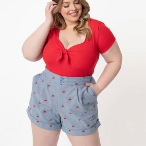 Unique vintage plus size Chambray and cherry high waisted Stella shorts